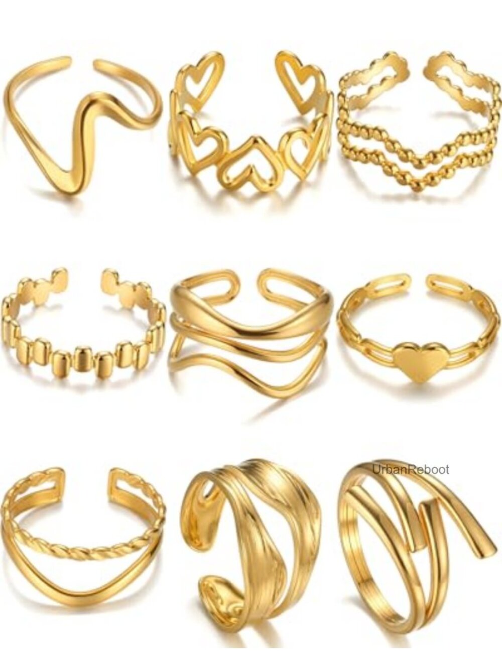 9PCS 18K Gold Plated Stackable Rings for Women, Adjustable Chunky Ring Set, Non